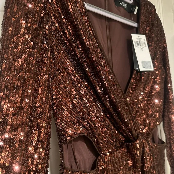 Lauren Ralph Lauren nwt gold sequin cocktail long sleeve dress size 2 small - Picture 5 of 5